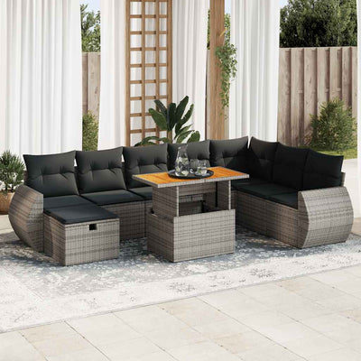 9 Piece Garden Sofa Set with Cushions Grey Poly Rattan Acacia