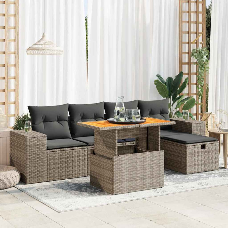 6 Piece Garden Sofa Set with Cushions Grey Poly Rattan Acacia