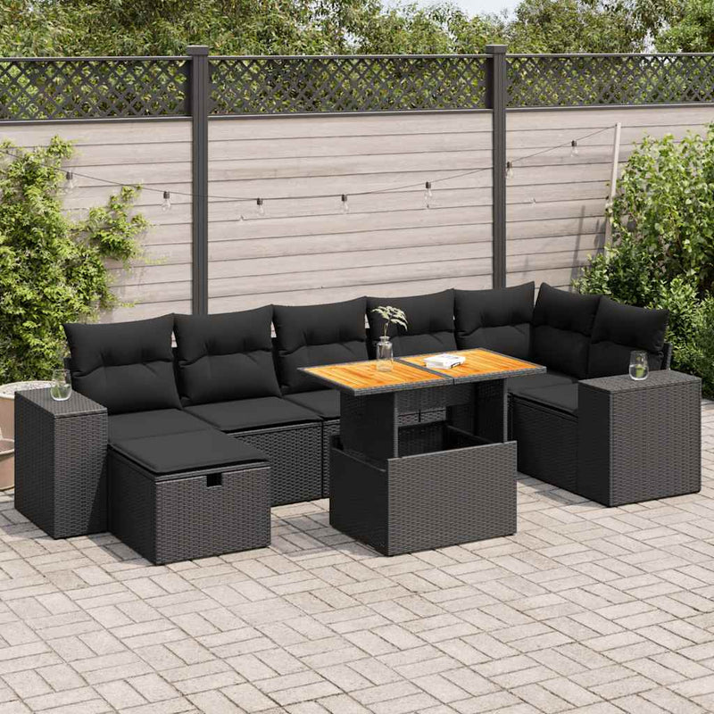 5 Piece Garden Sofa Set with Cushions Black Poly Rattan Acacia