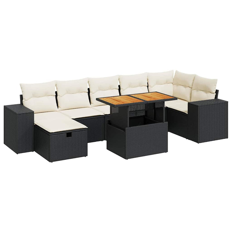 5 Piece Garden Sofa Set with Cushions Black Poly Rattan Acacia