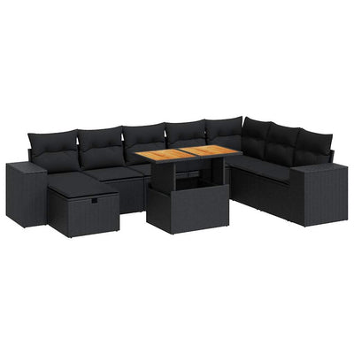 9 Piece Garden Sofa Set with Cushions Black Poly Rattan Acacia