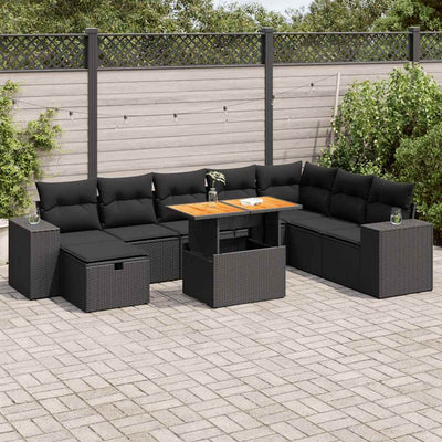 9 Piece Garden Sofa Set with Cushions Black Poly Rattan Acacia