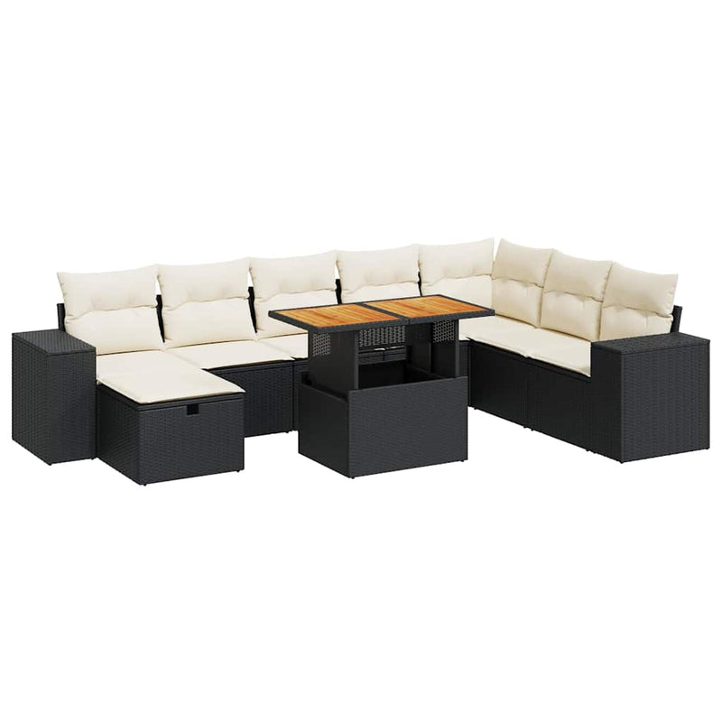 9 Piece Garden Sofa Set with Cushions Black Poly Rattan Acacia