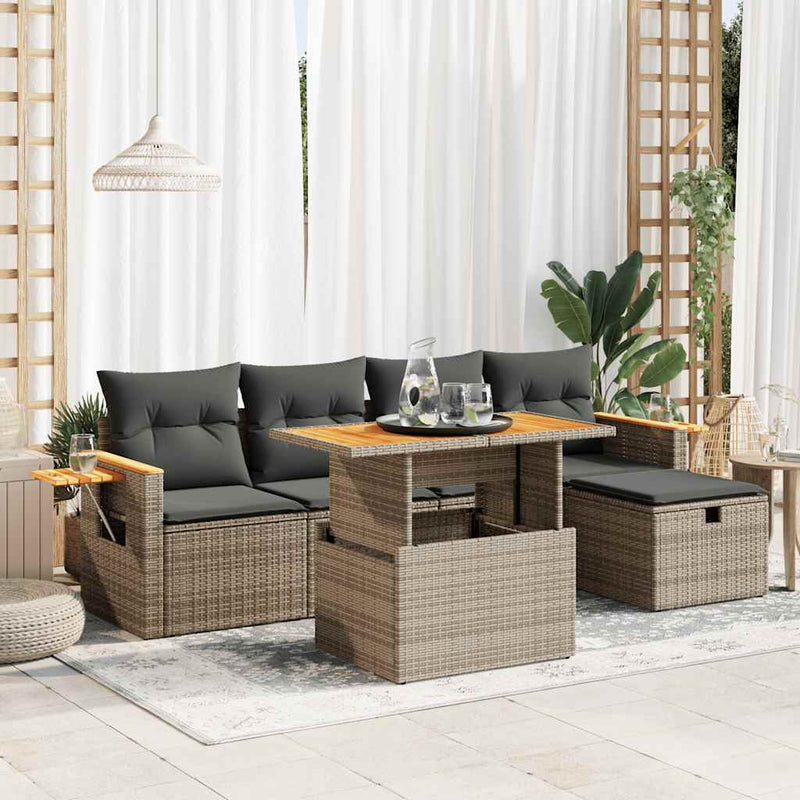 6 Piece Garden Sofa Set with Cushions Grey Poly Rattan