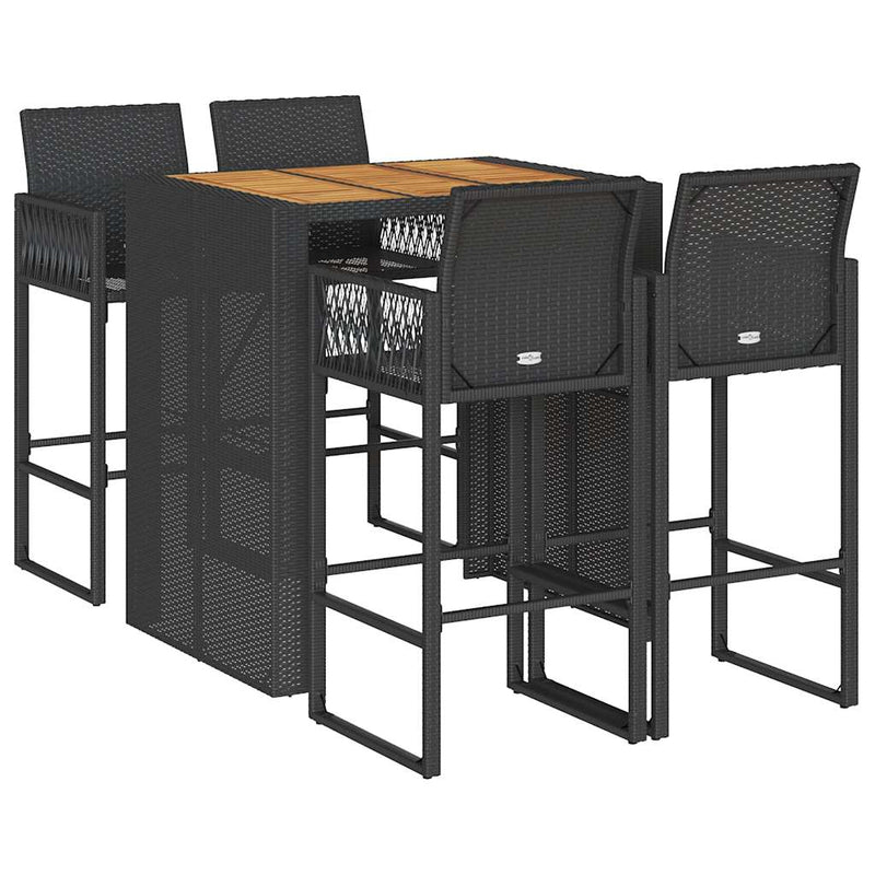 5 Piece Garden Bar Set without Cushions Black Poly Rattan Acacia