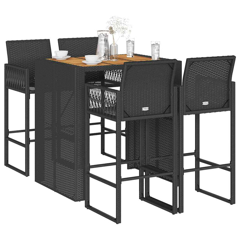 5 Piece Garden Bar Set without Cushions Black Poly Rattan Acacia