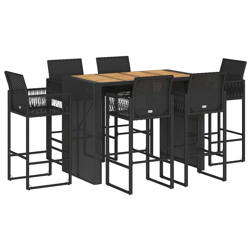 7 Piece Garden Bar Set without Cushions Black Poly Rattan Acacia