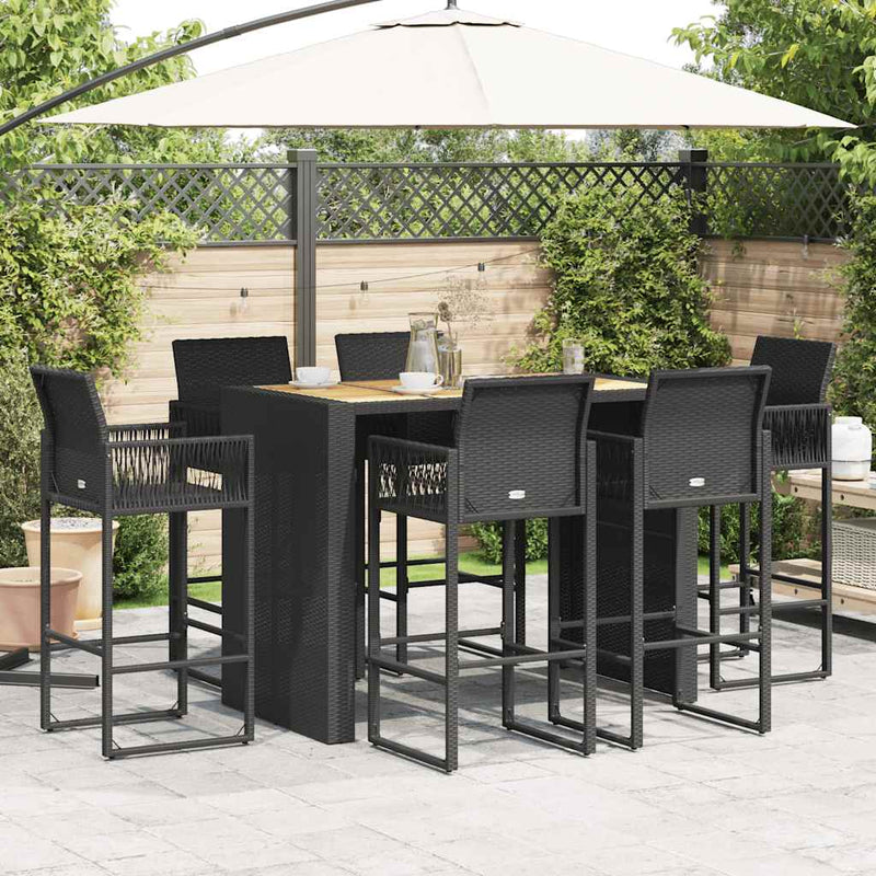 7 Piece Garden Bar Set without Cushions Black Poly Rattan Acacia