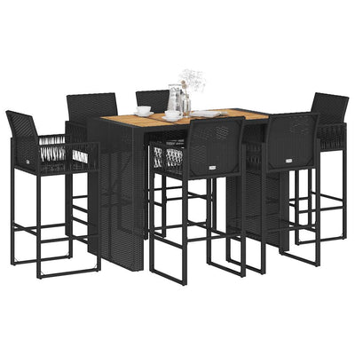 7 Piece Garden Bar Set without Cushions Black Poly Rattan Acacia