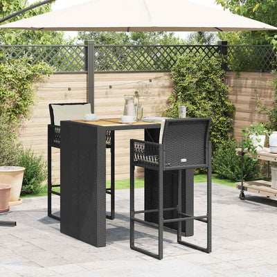 3 Piece Garden Bar Set with Cushions Black Poly Rattan Acacia