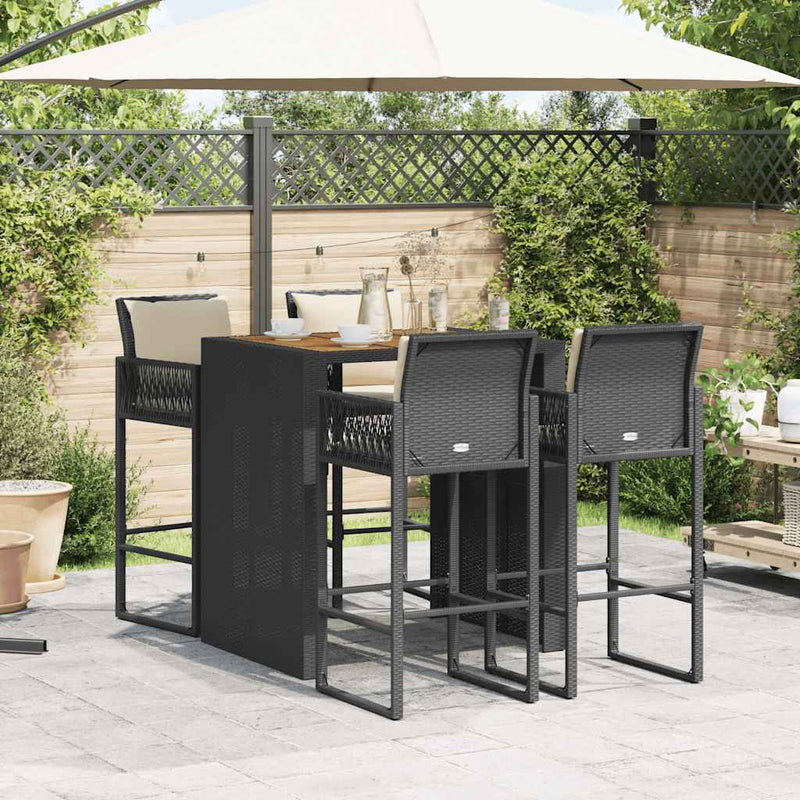 5 Piece Garden Bar Set with Cushions Black Poly Rattan Acacia