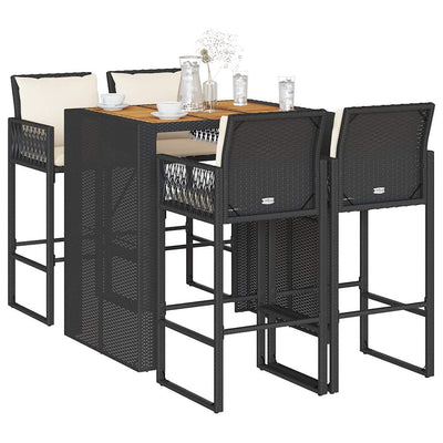 5 Piece Garden Bar Set with Cushions Black Poly Rattan Acacia