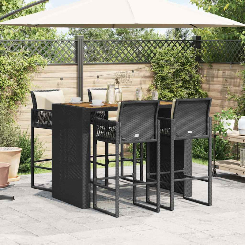 5 Piece Garden Bar Set with Cushions Black Poly Rattan Acacia