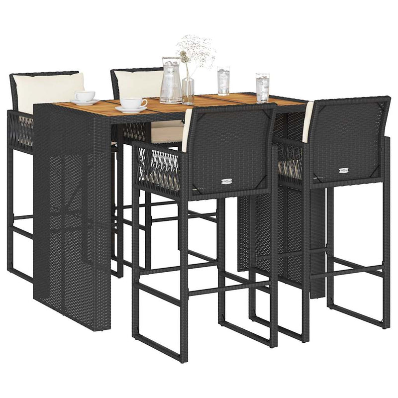 5 Piece Garden Bar Set with Cushions Black Poly Rattan Acacia