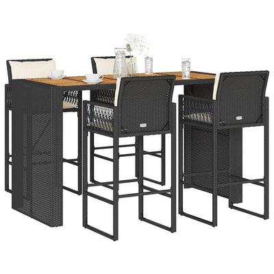 5 Piece Garden Bar Set with Cushions Black Poly Rattan Acacia