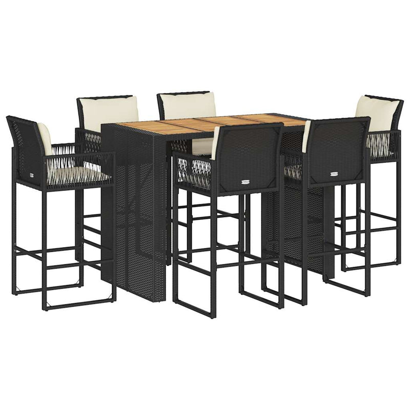 7 Piece Garden Bar Set with Cushions Black Poly Rattan Acacia