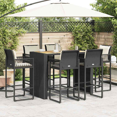 7 Piece Garden Bar Set with Cushions Black Poly Rattan Acacia