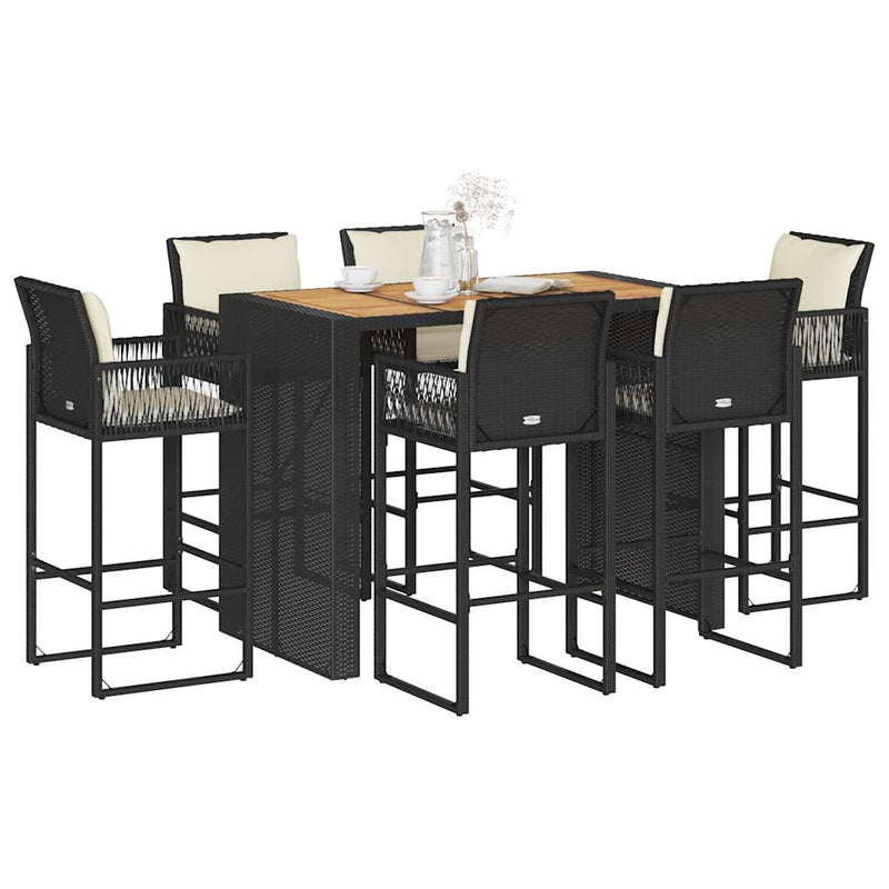 7 Piece Garden Bar Set with Cushions Black Poly Rattan Acacia