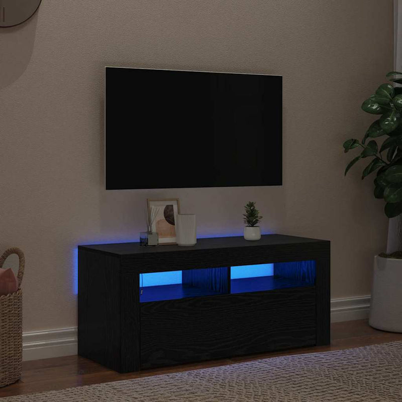 TV Cabinet with LED Black Oak 90x35x40 cm Engineered Wood