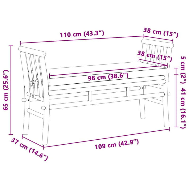 Garden Bench with Cushion Brown 110 x 38 x 65cm Bamboo
