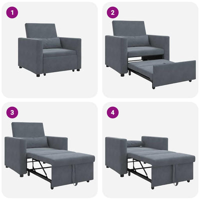 3-in-1 Single Sofa Bed Convertible Dark Grey Velvet