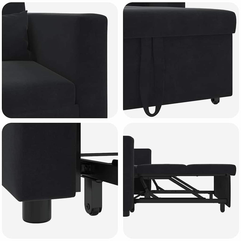 3-in-1 Single Sofa Bed Convertible Black Velvet
