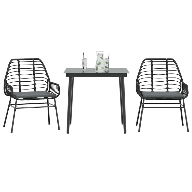 3 Piece Garden Dining Set with Cushions Black Poly Rattan Glass