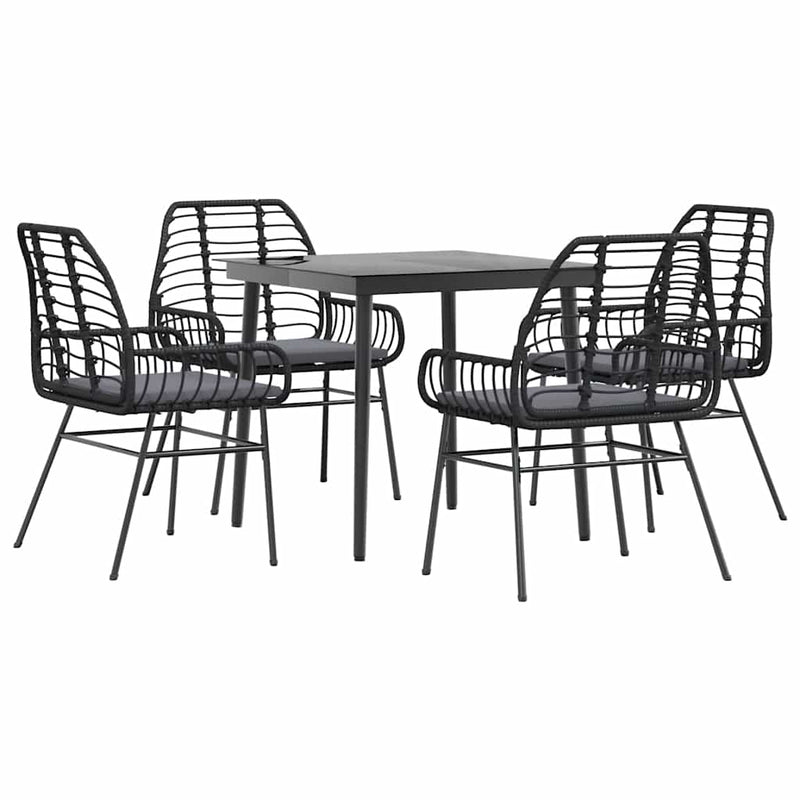 5 Piece Garden Dining Set with Cushions Black Poly Rattan Glass