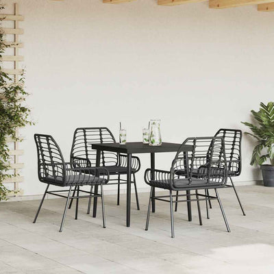 5 Piece Garden Dining Set with Cushions Black Poly Rattan Glass