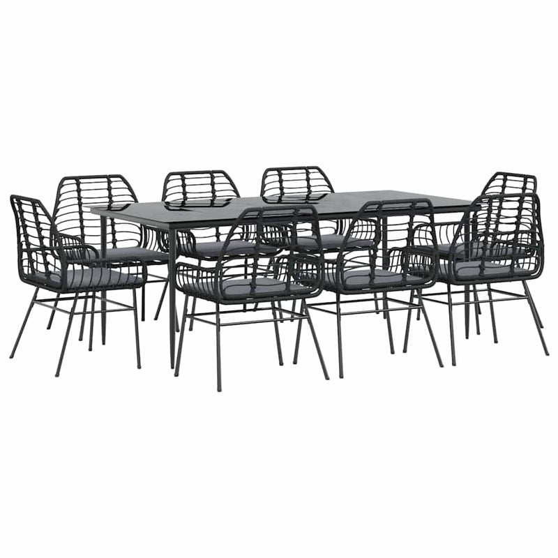 9 Piece Garden Dining Set with Cushions Black Poly Rattan Glass