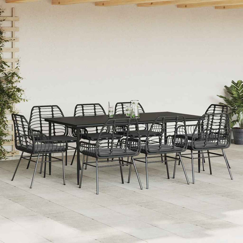 9 Piece Garden Dining Set with Cushions Black Poly Rattan Glass