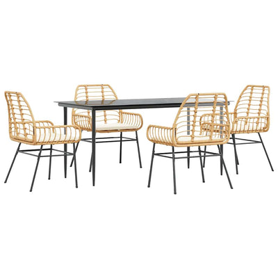 5 Piece Garden Dining Set with Cushions Brown Poly Rattan Glass