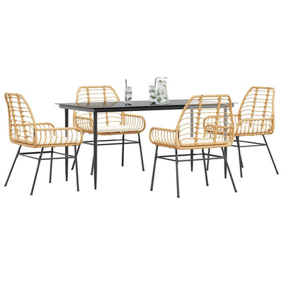 5 Piece Garden Dining Set with Cushions Brown Poly Rattan Glass