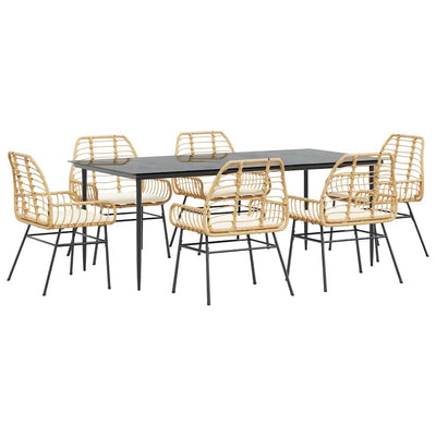 7 Piece Garden Dining Set with Cushions Brown Poly Rattan Glass