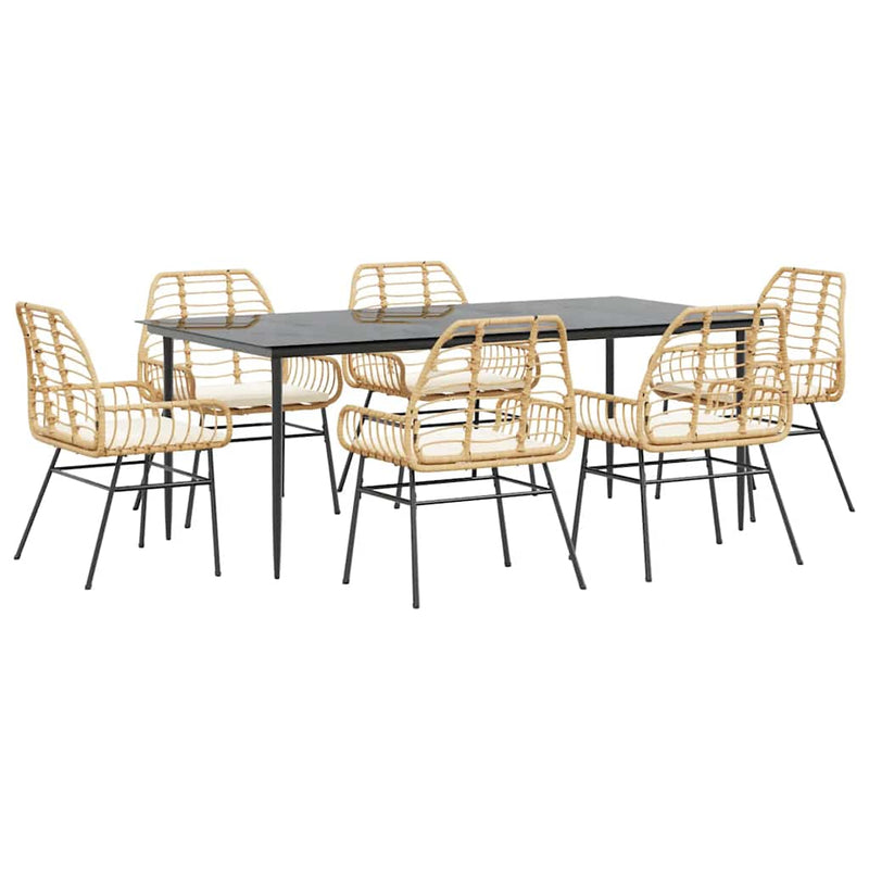 7 Piece Garden Dining Set with Cushions Brown Poly Rattan Glass