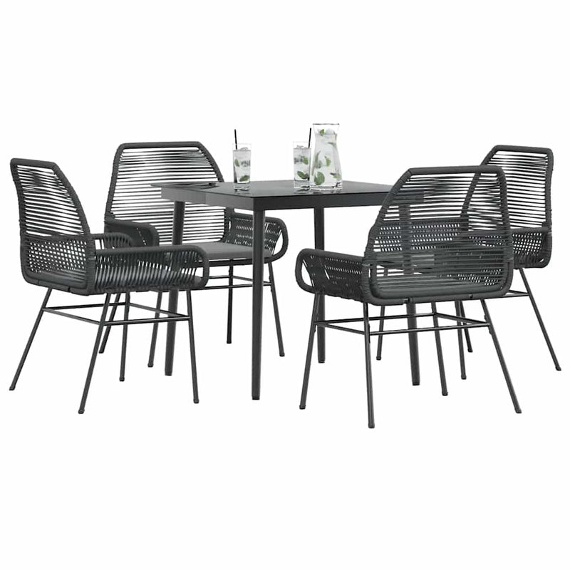 5 Piece Garden Dining Set with Cushions Black Poly Rattan Glass