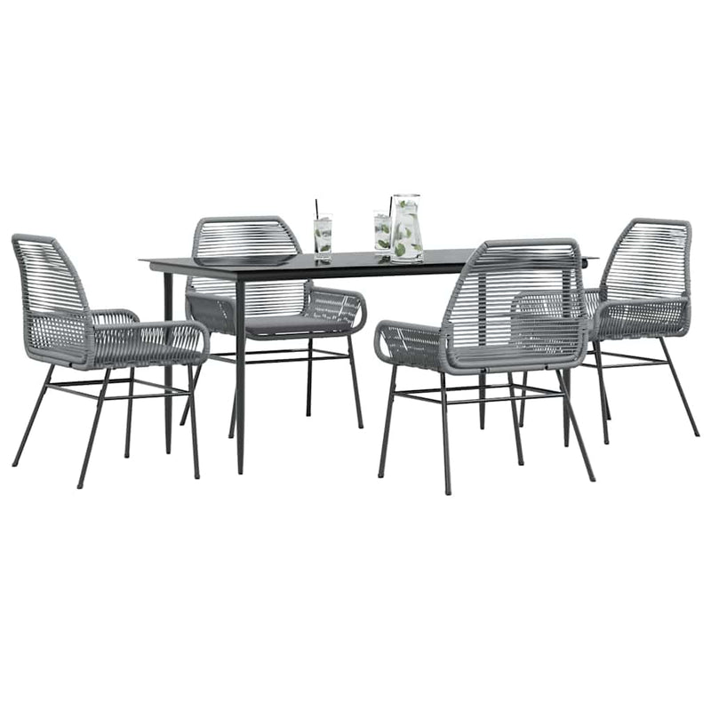 5 Piece Garden Dining Set with Cushions Grey Poly Rattan Glass