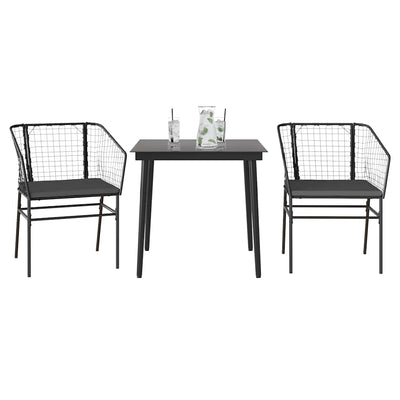 3 Piece Garden Dining Set with Cushions Black Poly Rattan Glass