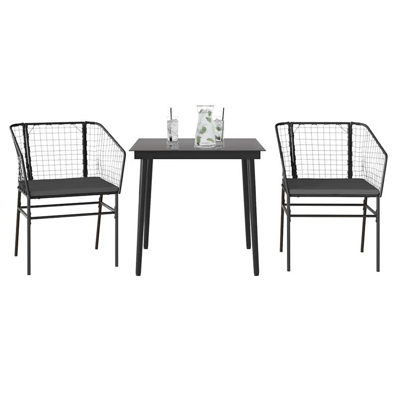 3 Piece Garden Dining Set with Cushions Black Poly Rattan Glass