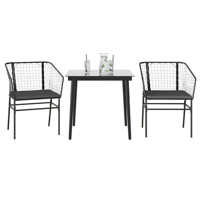 3 Piece Garden Dining Set with Cushions Black Poly Rattan Glass