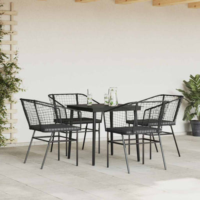 5 Piece Garden Dining Set with Cushions Black Poly Rattan Glass