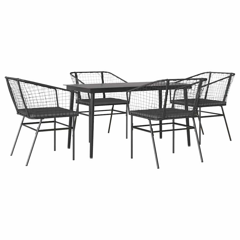 5 Piece Garden Dining Set with Cushions Black Poly Rattan Glass