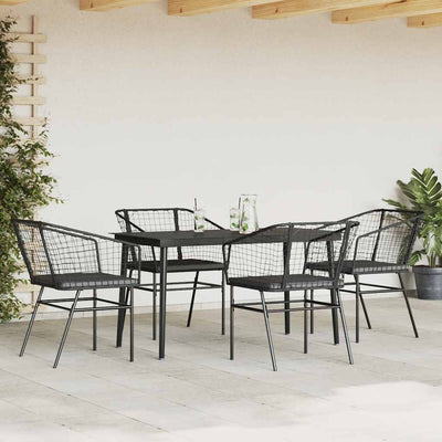 5 Piece Garden Dining Set with Cushions Black Poly Rattan Glass