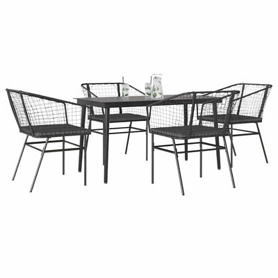 5 Piece Garden Dining Set with Cushions Black Poly Rattan Glass