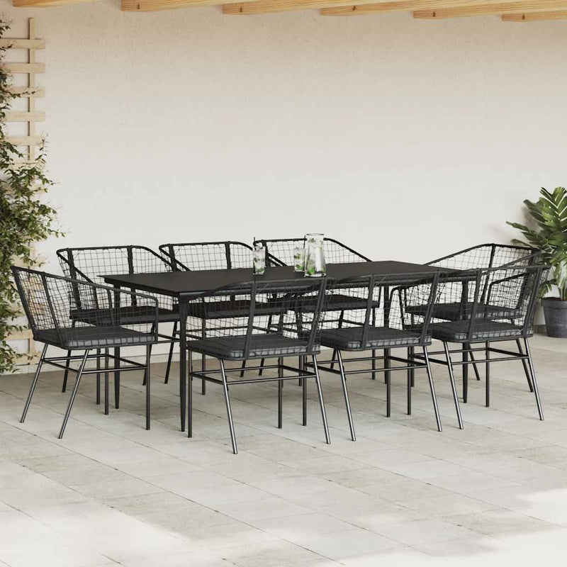 9 Piece Garden Dining Set with Cushions Black Poly Rattan Glass