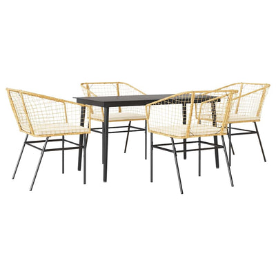 5 Piece Garden Dining Set with Cushions Brown Poly Rattan Glass