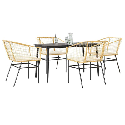 5 Piece Garden Dining Set with Cushions Brown Poly Rattan Glass