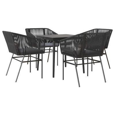 5 Piece Garden Dining Set with Cushions Black Poly Rattan Glass