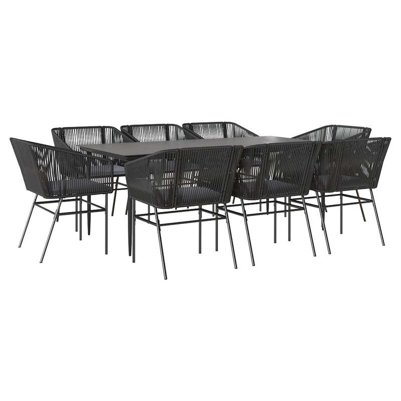 9 Piece Garden Dining Set with Cushions Black Poly Rattan Glass