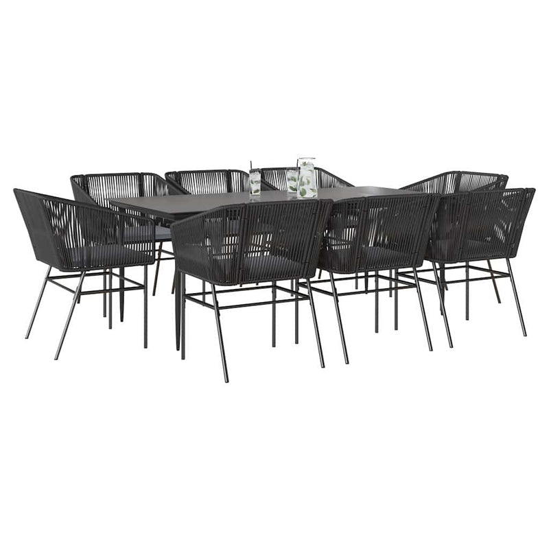 9 Piece Garden Dining Set with Cushions Black Poly Rattan Glass